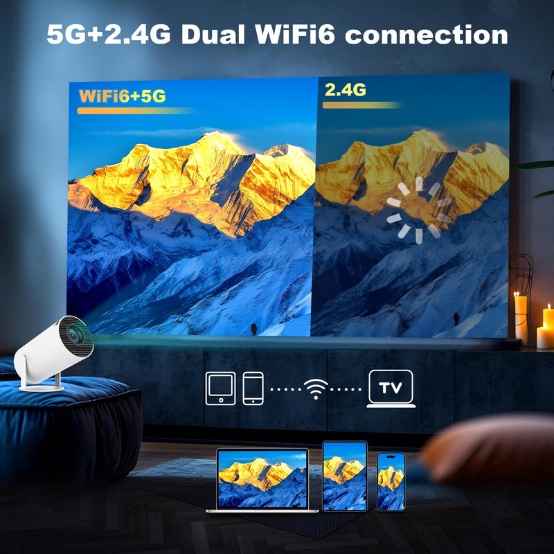 Mini Projector, HY300 PRO Portable Projector, Support 4K 1080P with Dual-Band WIFI6 5G Wireless 5.2 Bluetooth Android 13, 180° Rotatable, Auto Keystone Correction, 35"-130" Screen Video Projector HY300PRO
