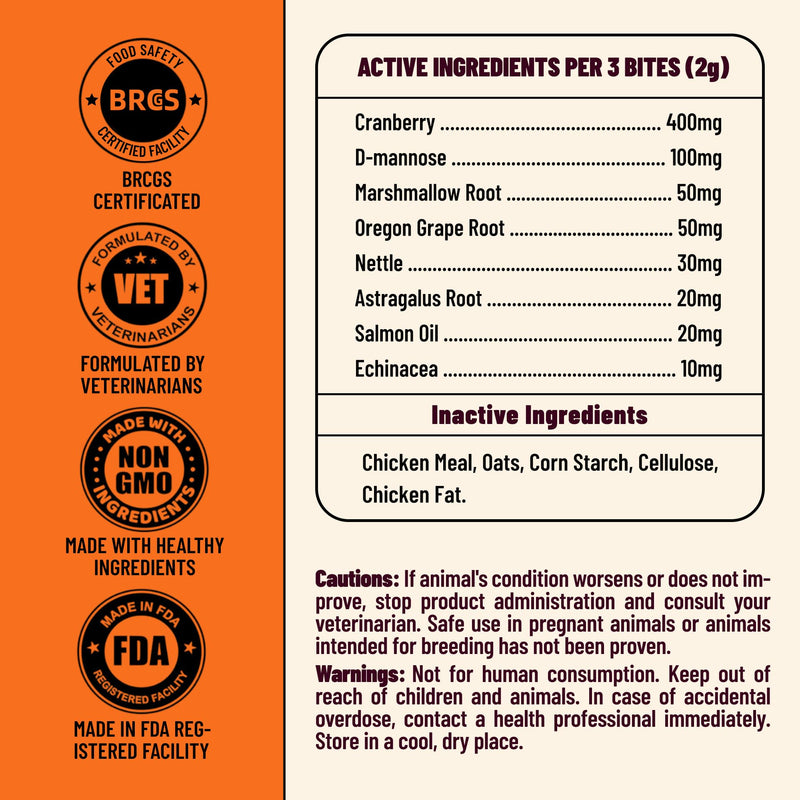 Cat Urinary Tract Health Supplement with 20% Cranberry, D Mannose, Marshmallow Root & Salmon Oil - Urinary Tract & Bladder Control - Vet-Recommended Crunchy Chews - Chicken 7.76oz