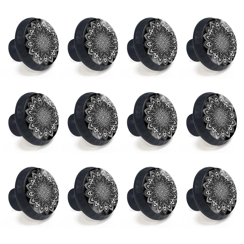 12 Pack White Mandala Flower Cabinet Knobs for Kitchen Bathroom | Boho Drawer Pulls Round Black Dresser Handles Hardware for Desk Cupboard Wardrobe Closet Vanity Door Decor 12PCS - 1.37"L x 1.1"W Black and White Mandala Flower