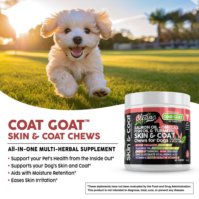 Salmon Oil Omega 3 Fish Oil for Dogs Skin and Coat Supplement | Dog Collagen Aloe Vera Biotin Keratin Flaxseed Nettle Leaf Sea Kelp Hyaluronic Acid Brewers Yeast Vitamin A -Coat Goat by Clean Pets 60 Count (Pack of 1) - PawsPlanet Australia
