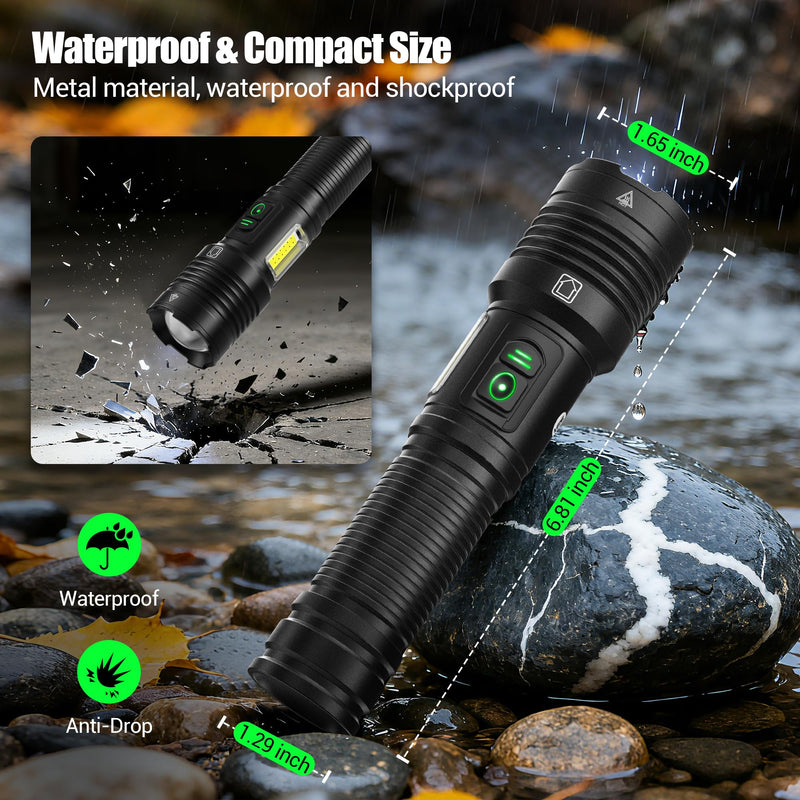 Rechargeable Flashlights High Lumens 100000 with Side Light - 2 Pack, Super Bright 30W LED, Dual Source Light Buttons, Long Lasting 15H, Quick USB C Charge, Handheld 6.81” Length, for Hiking Home Gift
