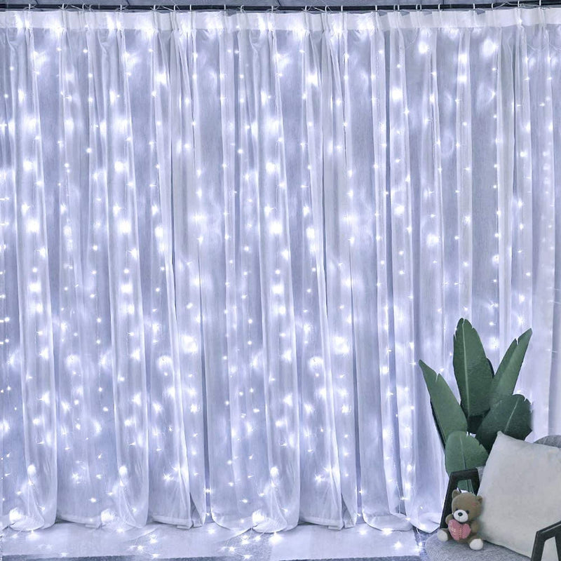 Dazzle Bright Curtain String Lights, 300 LED 9.8ft x 9.8ft 8 Lighting Modes Fairy Lights USB Powered, Waterproof Lights for Christmas Party Wedding Outdoor Indoor Wall Decorations (White) White