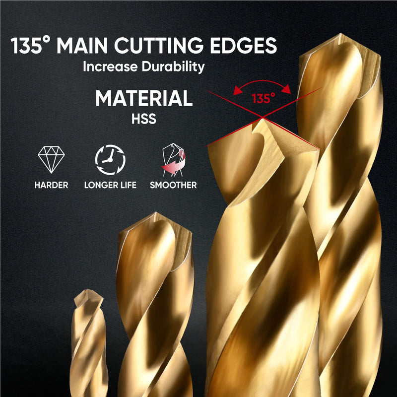 amoolo Hex Shank Drill Bit Set (13Pcs Set+3 Pcs Free), Premium 4341 HSS Titanium Impact Hex Drill Bits for Wood, Steel, Metal, Plastic, Quick Change Design (1/16 -1/4 ) 1/16"-1/4" (13+3pcs)