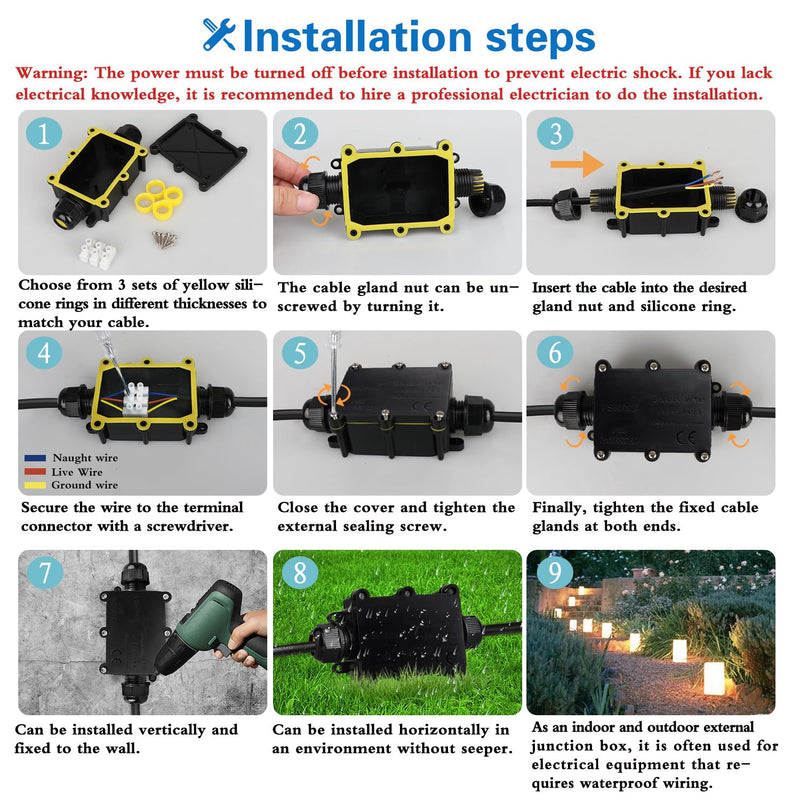 Helunsi 2 Pieces Waterproof IP68 External Junction Box, 2 Way Outdoor Junction Box, Underground Plug Line Coaxial Cable Connector Wire Range 5 to 15mm Electrical Power Cord Weatherproof Boxes - Black Black-2pcs