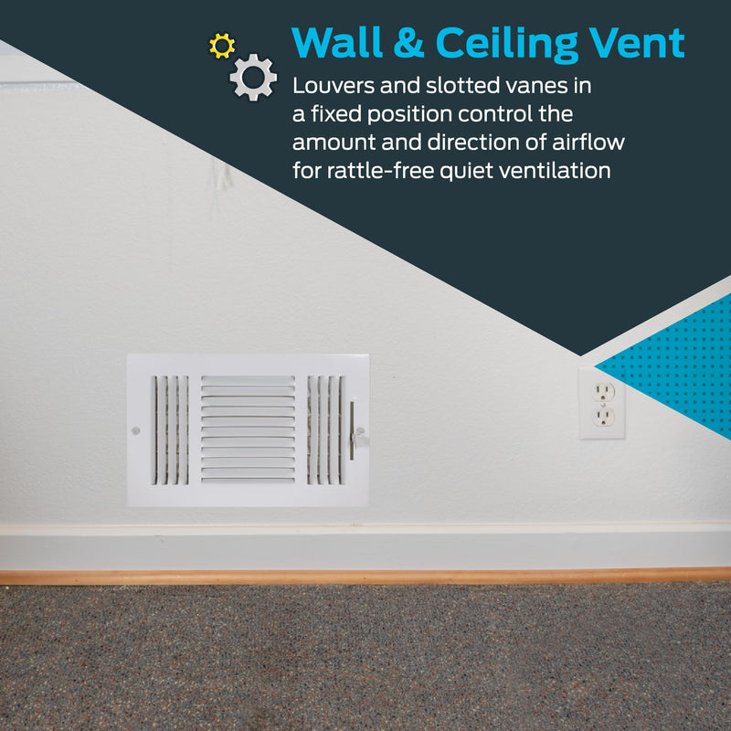 EZ-FLO 10 x 6 Inch (Duct Opening) White Air Vent Cover for Wall or Ceiling, Three-Way Ventilation Register, 11-3/4 Inch x 7-3/4 Inch (Overall Dimensions), Solid Steel HVAC Cover, 61616 10 in. x 6 in.