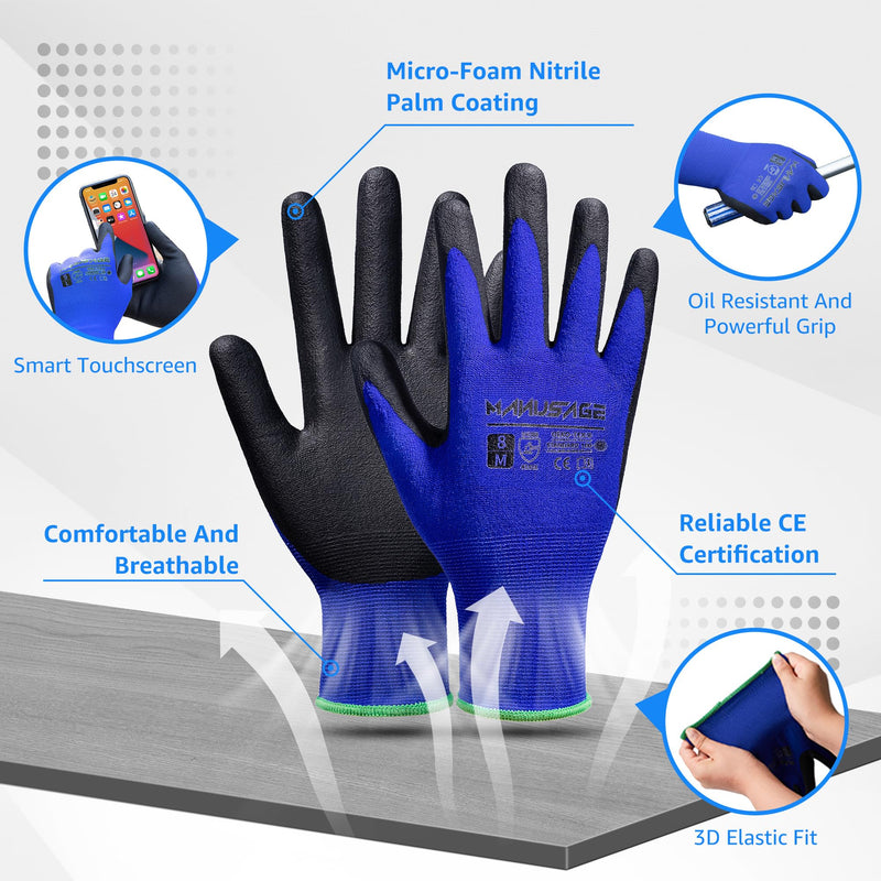 Safety Gloves for Men and Women - Microfoam Nitrile Work Gloves Large, Thin With Touchscreen Fingers and Grip - 12 Pairs, Blue