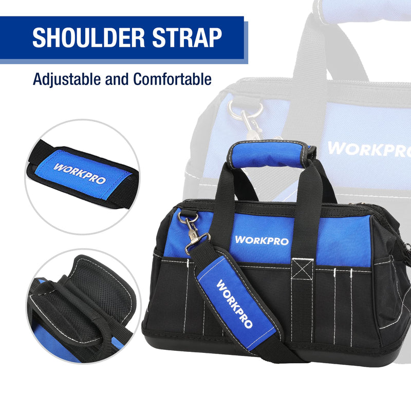 WORKPRO 16-inch Wide Mouth Tool Bag with Water Proof Molded Base Black&Blue