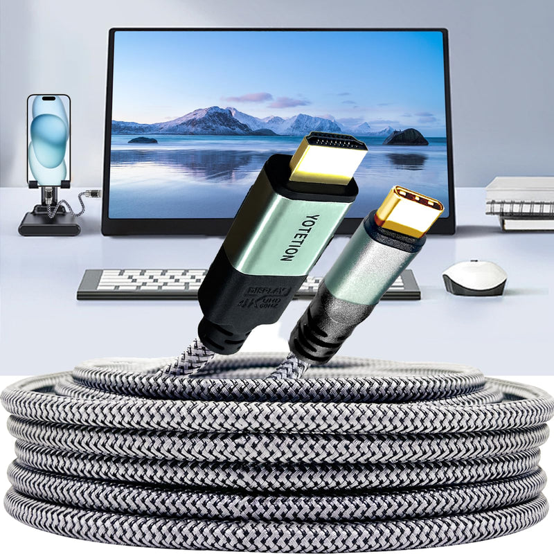 30FT USB-C to HDMI-A Braided Cable, 4K@60Hz, Suitable for Home Office [Compatible with MacBook Pro/Air, iPhone 15 Pro/Max, Galaxy S8-S23, Surface Book 2, XPS with Thunderbolt 3/4] 30FT