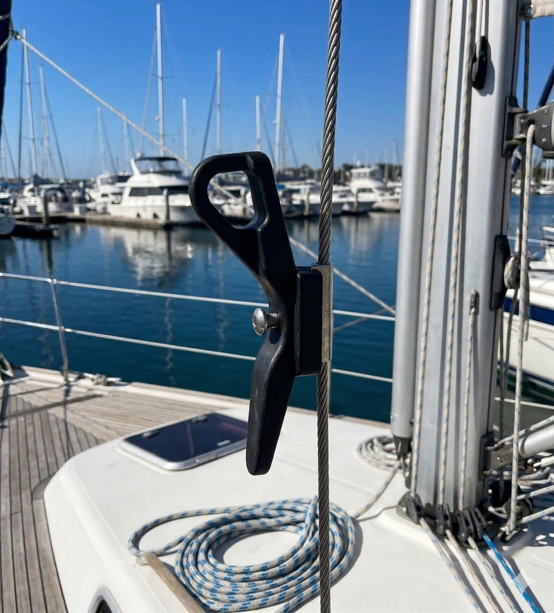 Five Oceans 3-7/8" Shroud Line Flag Halyard Cleat, Fits 3/16"–5/16" Shrouds, Black Nylon with Stainless Steel Mounting Plate 1