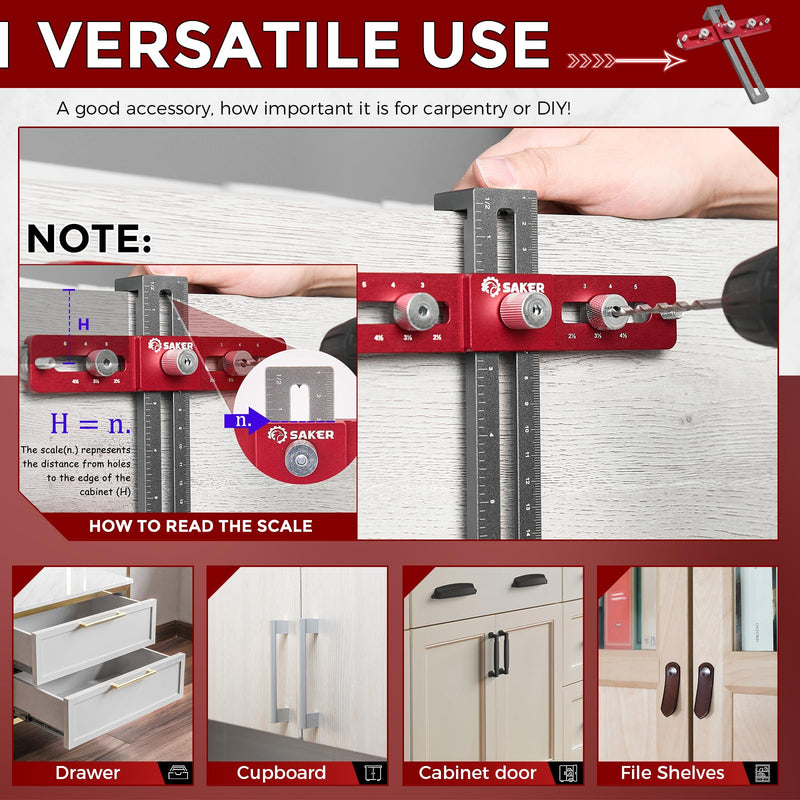 Saker Cabinet Hardware Doweling Jig,Adjustable Cabinet Template Tool for Knobs,Handles and Pulls,Self Centering Punch Locator Precise Woodworking Drill Guide for Drawer Cabinet Installation 6 Holes