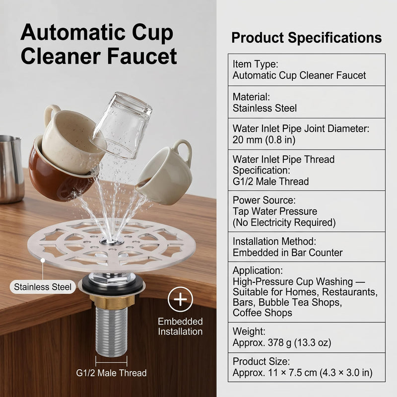 Stainless Steel Automatic Bottle Washer & Faucet Cup Cleaner - 360 Rotating G1/2 Sink Attachment for Home & Cafe