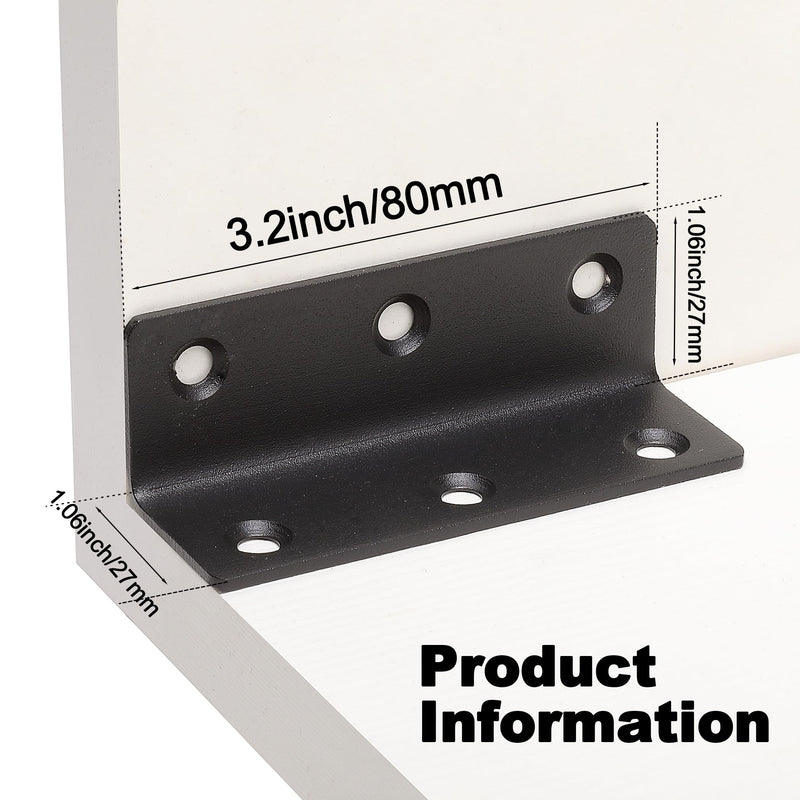 L Bracket, Heavy Duty Corner Brace, 10 Pack 3.2" Metal Shelf Bracket Angle Bracket for Shelves, Black Metal Braces for Wood, 80mm Overall Length 3.2 inch