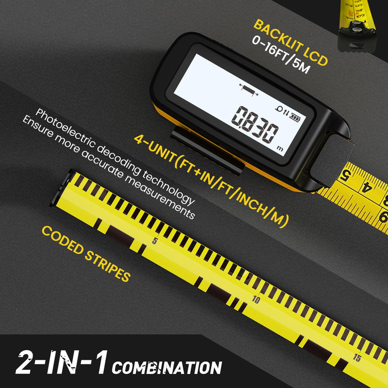Digital Tape Measure 2-in-1, 16FT Digital Tape Measure with Display, Regular Tape Measure, Area Volume Measuring Pythagorean Mode, Waterproof and Rechargeab, 20 Groups Historical Memory (Yellow) Yellow