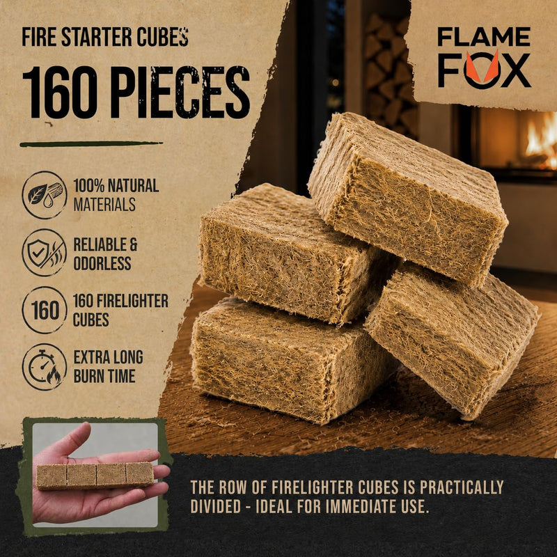 FlameFox Fire Starter Cubes 160 pcs - Quick Natural Fire Starters for Campfires, BBQ Grill, Fireplace, Fire Pit, Wood Stove, Charcoal & Kindling - Odorless, Waterproof, Long Burning Squares