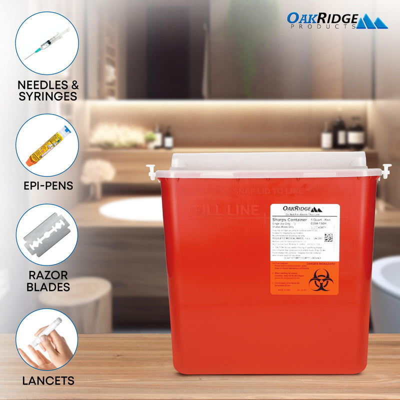 Oakridge Products Sharps Container for Home Use and Professional 5 Quart (1-Pack), Biohazard Needle and Syringe Disposal, Horizontal Drop Style Lid with levers, CDC Certified 1