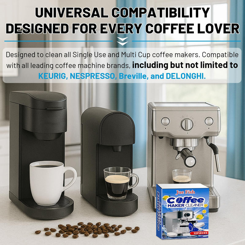 Coffee Machine Cleaner Descaler Tablets - 12 Count, Descaling & Deodorizing for All Coffee Makers, Deep Cleans, Non-Toxic