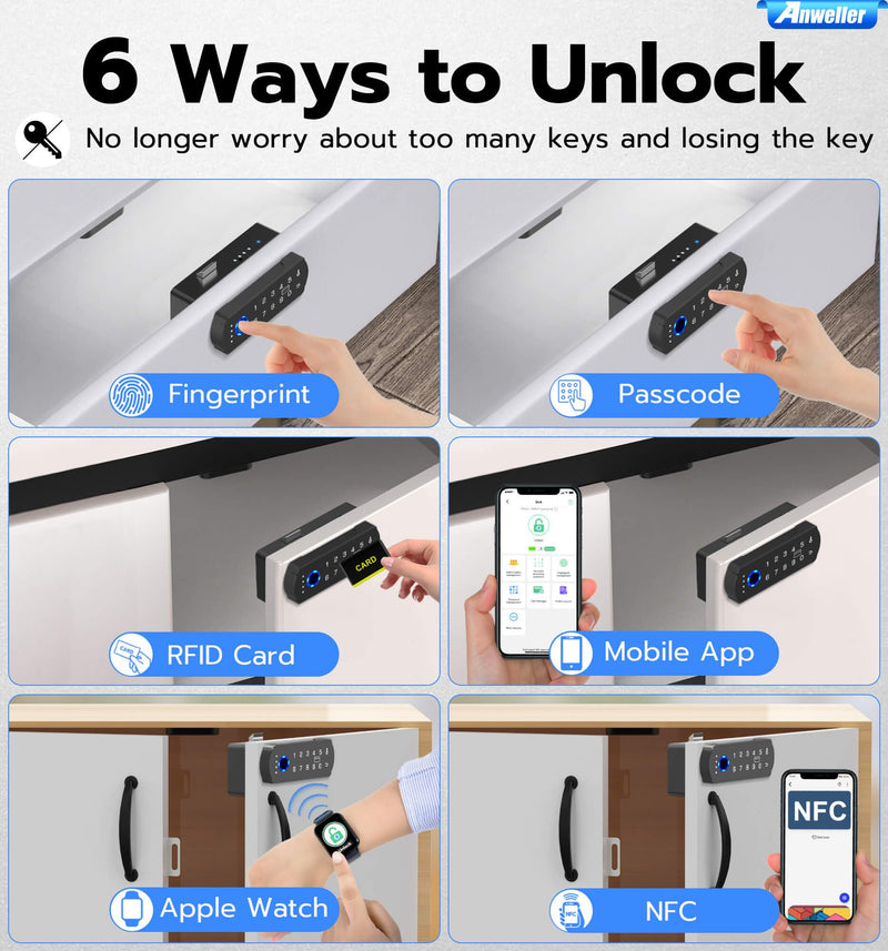 Anweller Baby Proofing Smart Cabinet Locks, Child Proof Fingerprint Drawer Locks, Hidden Adhesive Code Keypad RFID Bluetooth Keyless Lock for Adults File Kitchen Cupboard Closet Liquor - Horizontal