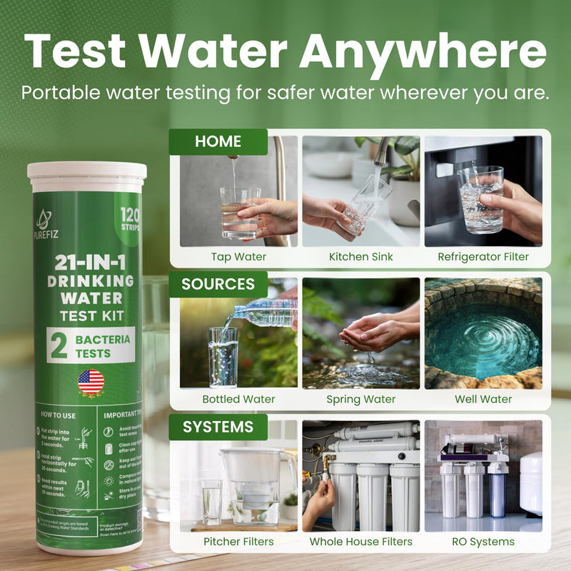 21-in-1 Drinking Water Test Kit – 120 Strips + 2 Bacteria Tests – Easy DIY Testing for Tap, Well & Spring Water – Tests Lead, Fluoride, Iron, Hardness, pH, Chlorine, Copper, Bacteria & More Drinking Water Test Kit (120 Pack)