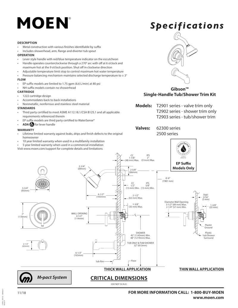 Moen Gibson Chrome Posi-Temp Pressure-Balancing Modern Valve Handle Only Trim, Valve Required, T2901