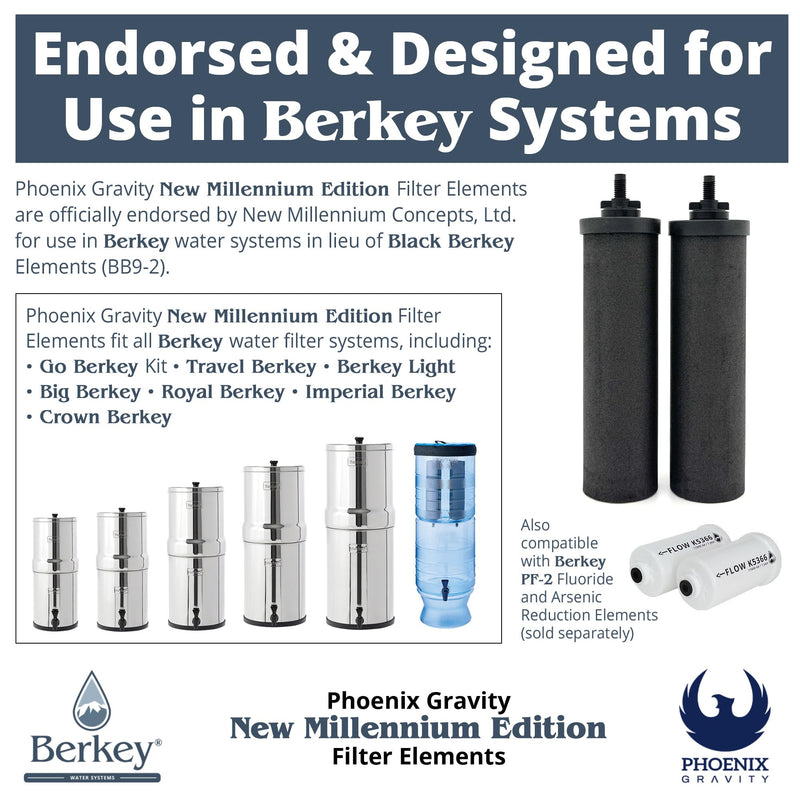 Berkey - Phoenix Gravity New Millennium Edition Filter Elements -NSF 42/372- NMCL Endorsed Replacement in Lieu of Black Berkey Elements BB9-2 Set of 2 2 Filters