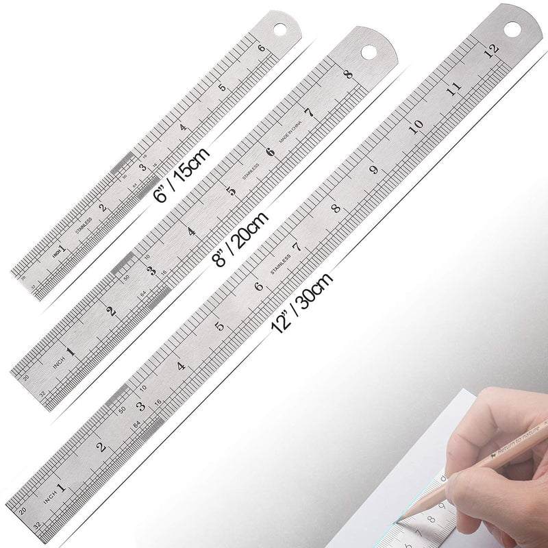 Elisel 3 PCS Stainless Steel Ruler Set with Inch and Metric Graduation, 12 Inch, 8 Inch and 6 Inch(Silvery) Silvery