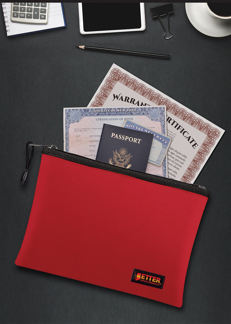 Better Office Products 2 Pack Fireproof Document Bag, 13.4" x 9.4", Storage Pouch with Zipper, Safe Storage Bag, Water-Resistant Material, Holder for Letter Size & A4 Documents (1 Red + 1 Black)