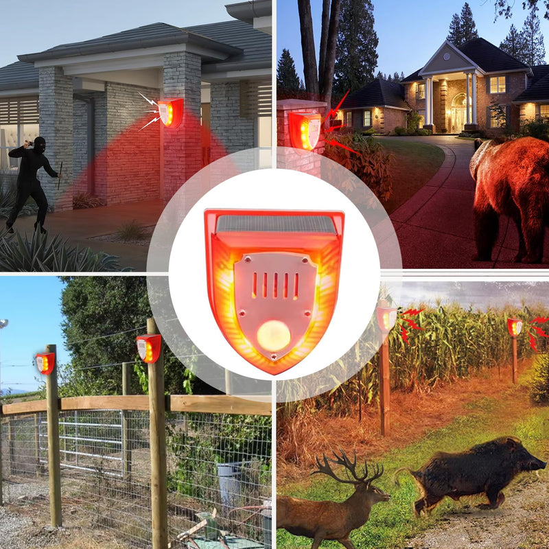 Solar Outdoor Motion Sensor Alarm - Dog Barking&Gunshot Sound 129db, Light Strobe Light Warning Lamp with USB, Motion Detector Noise Maker Warning Lamp for Home, Villa, Farm, Barn, Yard (2 Pack) Induction & Dog Gun 2PCS