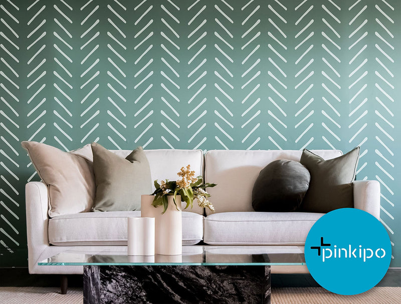 PINKIPO®, Hand-Drawn Herringbone, (16"x40") XL Stencil, Large Wall Stencil, Modern Geometric Wall Stencils for Painting, Stencils for Walls, Chevron Wall Stencil