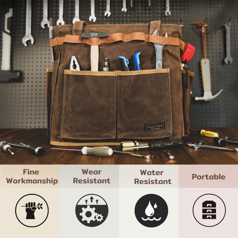 Heavy-Duty Waxed Canvas 14" Tool Bag - Foldable Open Top Organizer with Reinforced Handle | Water-Resistant Multi-Pocket Work Pouch for Mechanics, Contractors & DIY (Grey) Grey