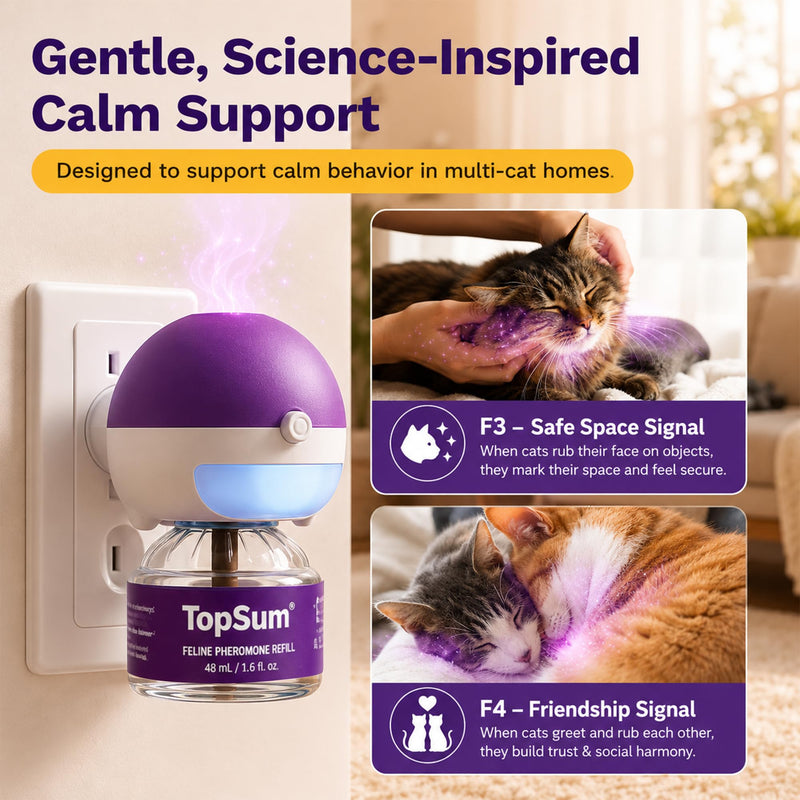 TopSum Cat Calming Pheromone Diffuser: Feline Pheromones Plug in for Stress, Alone At Home, Spraying, Fighting, Scratching, Aggression & Excessive Meowing (Purple– 2 Diffusers+2 Refills) Purple– 2 Diffusers+2 Refills