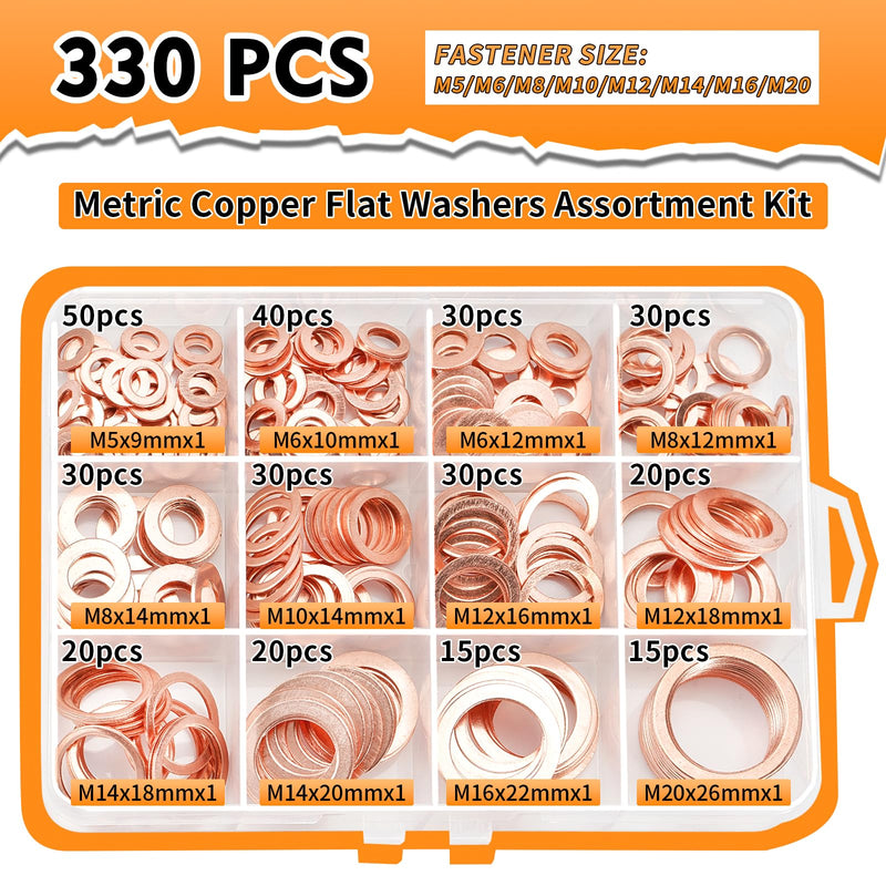 330 Pieces 12 Sizes Copper Washers, Crush Washer, Premium Copper Metric Flat Washers, Copper Sealing Washers Assortment Kit (M5 M6 M8 M10 M12 M14 M16 M20)