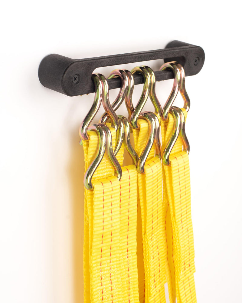 Hook Rail - 2/pk - Organize Your Tie-Down Straps (Ratchet, Cam buckle, Bungee Cords, and more) A low-profile wall-mounted cargo strap management solution for your enclosed trailer, garage, or home.
