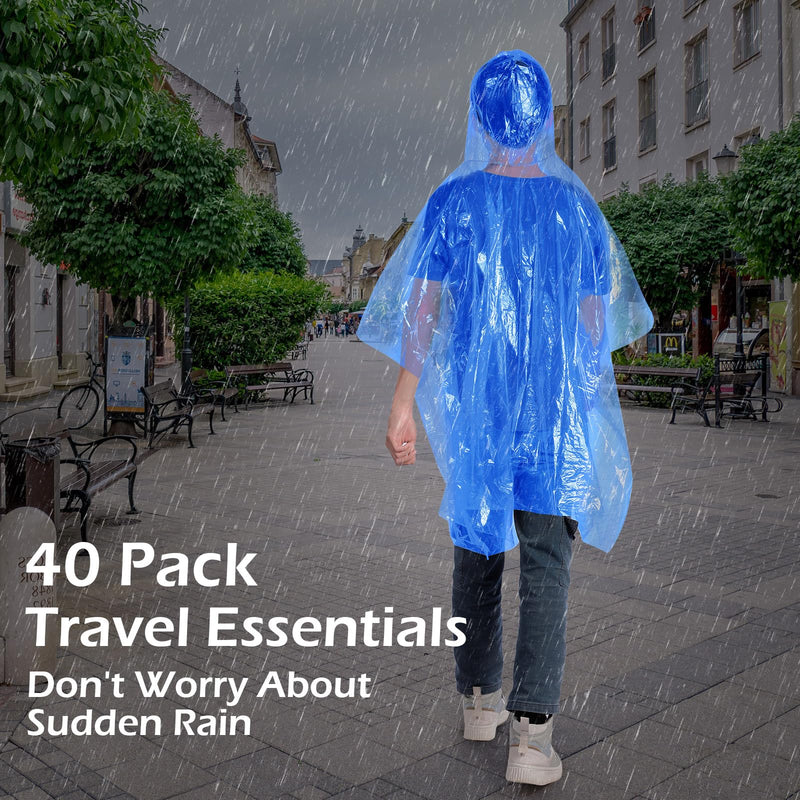 Berlune 40 Pcs Disposable Rain Ponchos Bulk for Adults Emergency Disposable Ponchos Family Pack with Hood Waterproof Raincoat Blue