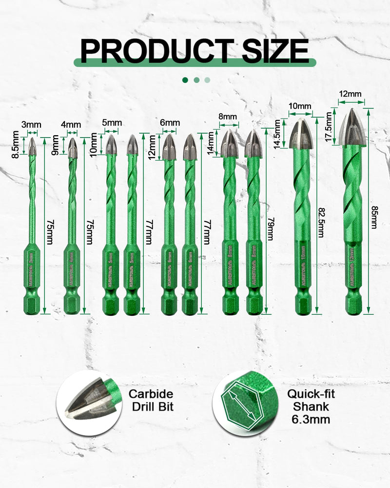 10 PCS Masonry Drill Bits Set - KURSTOL 1/8" 5/32" 3/16"*2 1/4" 2 5/6"*2 3/8" 1/2" Concrete Drill Bit for Wood Plastic Masonry Brick Glass Tile Marble, Cross Tungsten Carbide Tip, Quick-fit Hex Shank 3/4/5*2/6*2/8*2/10/12mm 10