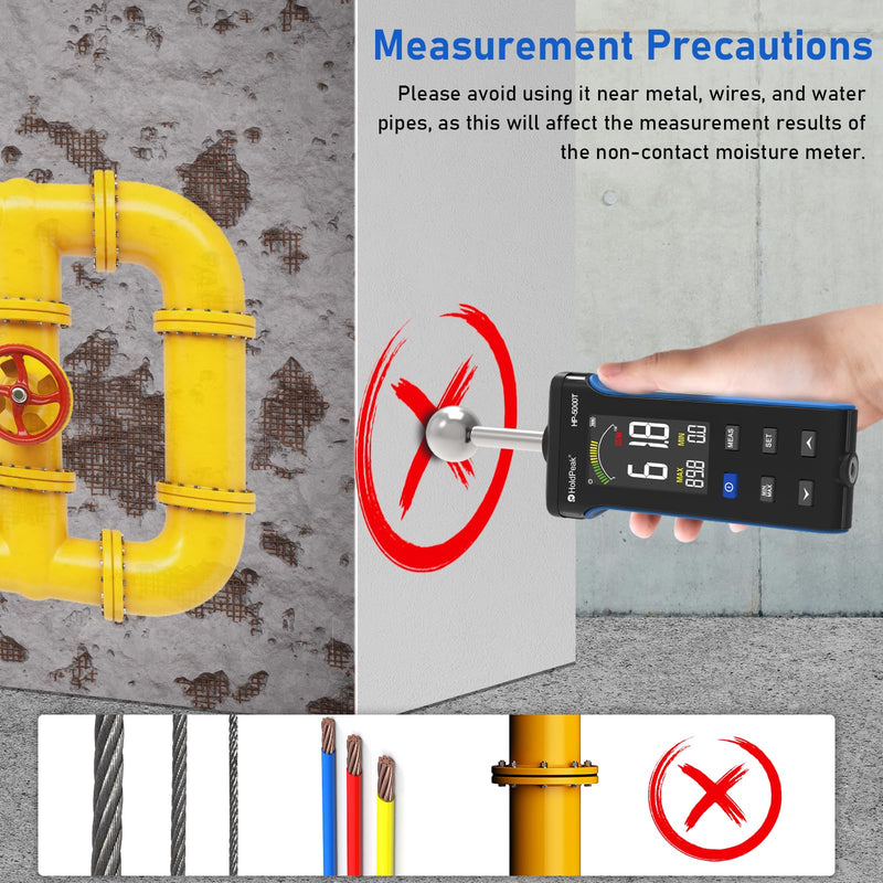 HOLDPEAK Pinless Wood Moisture Meter, Non-Destructive Moisture Meter for Wood, Concrete, Floors, Walls, Measuring Depth 20-40mm Digital Moisture Meter with Masonry-Spherical Sensor, Large LCD Display