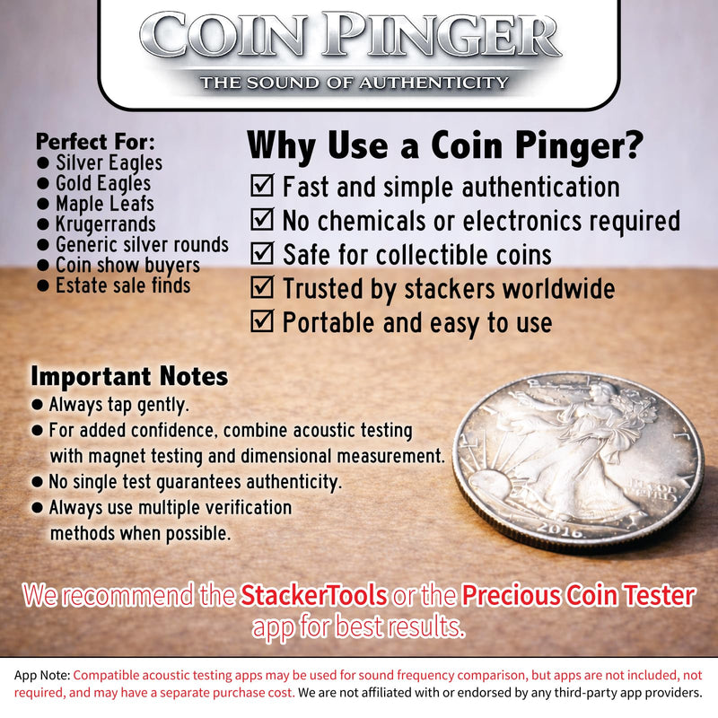 Coin Pinger Deluxe Kit, Acoustic Silver & Gold Ping Test for Coins or Bullion, Pocket Ping Test with Built-in Striker & Rare Earth Magnet