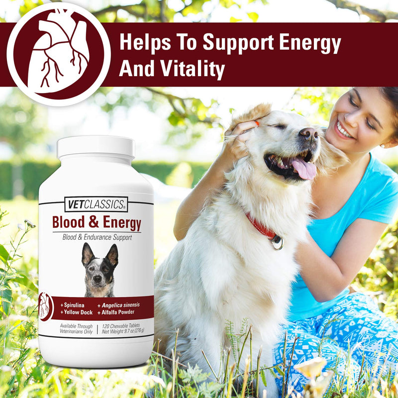 Vet Classics Blood & Energy Support for Dogs, Supports Endurance with Spirulina, Yellow Dock, & Alfalfa Support Formation of Hemoglobin and Myoglobin, 120 Chewable Tablets - PawsPlanet Australia