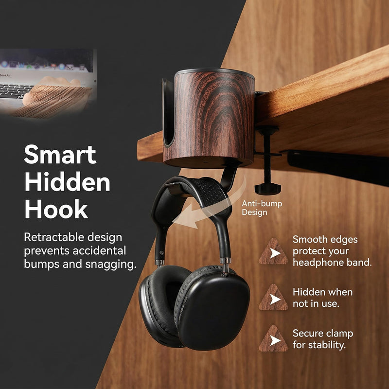 Luxury 2-in-1 Desk Cup Holder with Headphone Hanger for Office, Home, Gaming(Wooden Design) WOODEN DESIGN