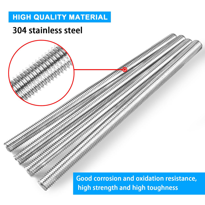 4pcs 3/8"-16 Fully Threaded Rod, 304 Stainless Steel Long Threaded Screw, 12" Length, Right Hand Threads (3/8"-16)
