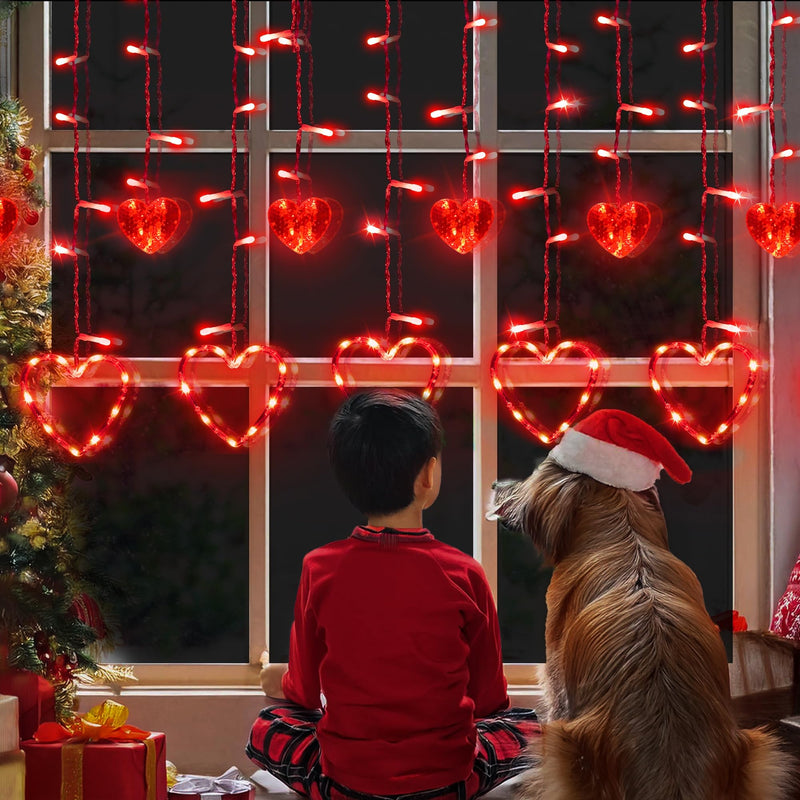 Valentine's Day Red Curtain Lights with 12 Hearts，138 LED Heart-shaped String Lights 8 Lighting Modes，Plug in Waterproof Valentines Day Lights for Indoor Outdoor Party Wedding Valentine's Day Decor