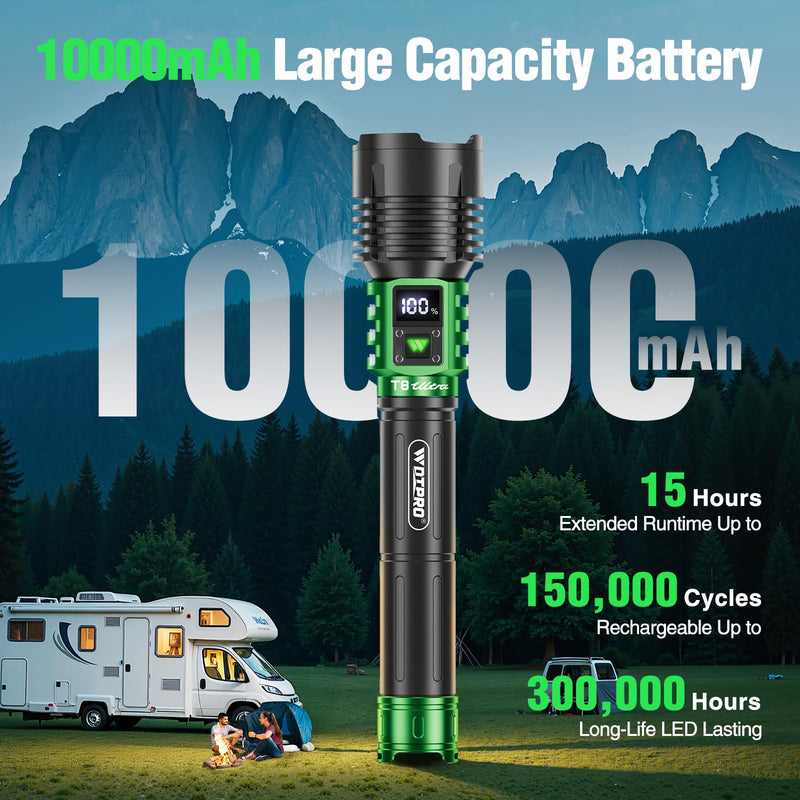 WdtPro Rechargeable LED Flashlights High Lumens, Super Bright 90000LM Rechargeable Flashlight with LCD Display, 5 Modes & Waterproof Powerful 10000mAh 30H Flashlight for Camping Emergency Green