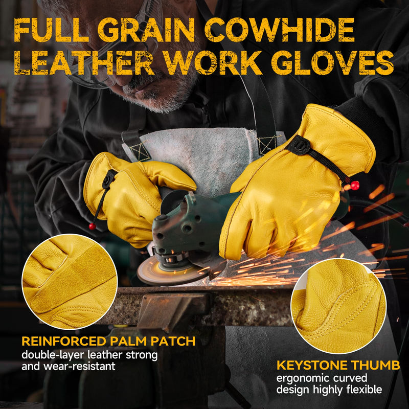 OZERO Leather Work Gloves for Men, 3 Pairs Full Grain Cowhide Garden Gloves, ANSI/ISEA 105 Tested, Puncture Level 4, Abrasion Level 3, Adjustable Wrist for Yard Work & Gardening (Gold Medium) Medium (3 Pair)