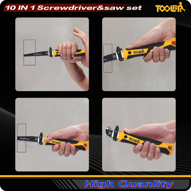 10-in-1 Multi-bit Screwdriver Set (Slotted & Phillips Bits) Quick Change Mechanism Portable Multi-Purpose hand saw For Cutting Wood/Metal/Drywall Suitable for outdoor and daily repair tools