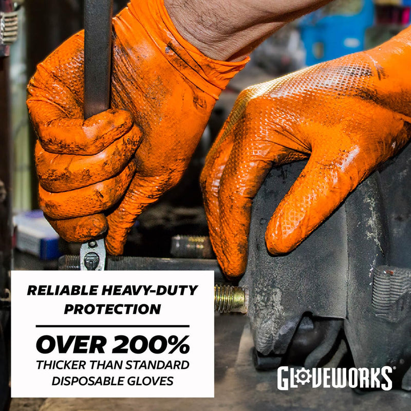 GLOVEWORKS HD Orange Nitrile Gloves, 8 mil Nitrile Disposable Gloves with Raised Diamond Texture, Mechanic Gloves Disposable X-Large (Pack of 100) Box of 100