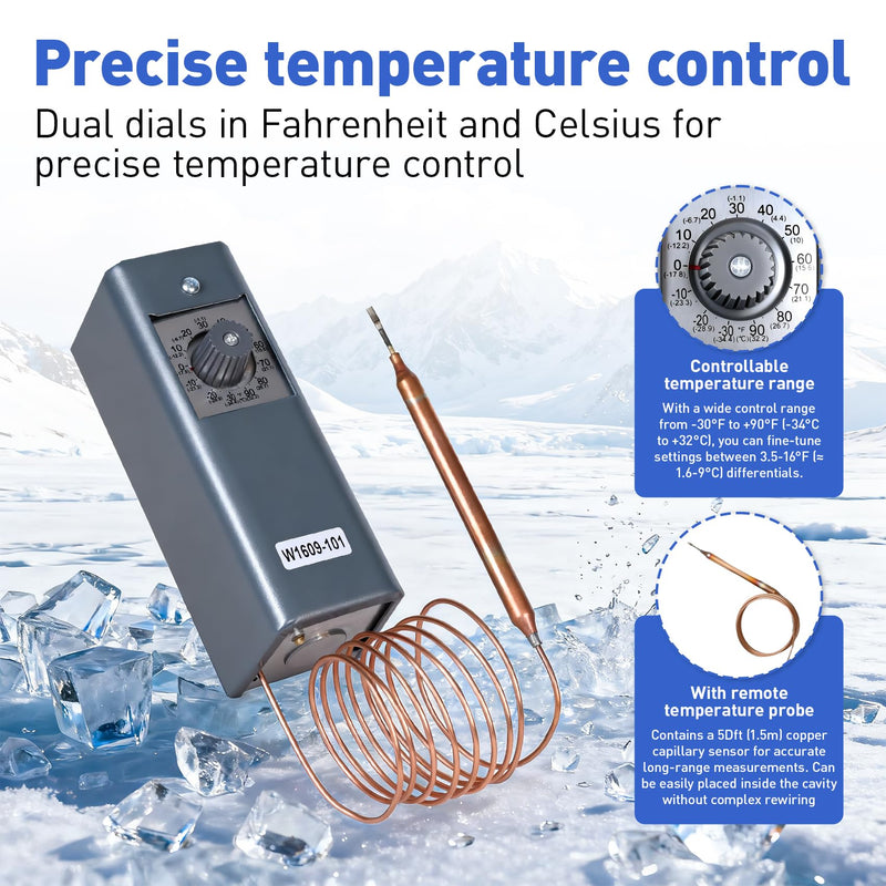 W1609-101 Refrigeration Thermostat Temperature Controller Remote Control Bulb TH-1609, 5FT Capillary Length, -30 to +90 Degrees Fahrenheit, -34 to +32 Degrees Celsius, °C and °F Dual Temperature dial