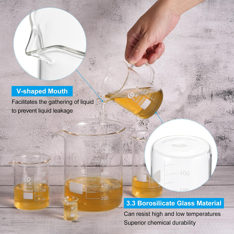 PATIKIL 50ml Tall Glass Beaker, 8Pcs 3.3 Borosilicate Glass Beakers Graduated Measuring Cup with Spout for Lab Experiment, Cooking and Baking, Clear