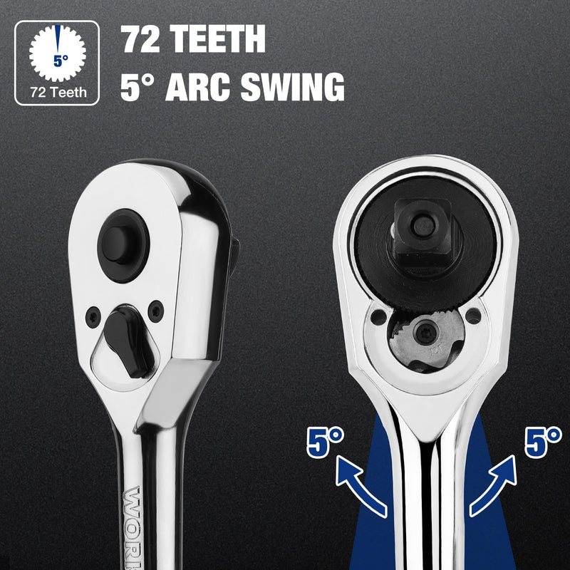 WORKPRO 1/4-Inch Drive Ratchet, Quick-Release Reversible Ratchet Wrench, 72-Tooth 1/4 Drive Ratchet Handle, Chrome Alloy Made, Cr-Mo Head, Full Polished 1/4"
