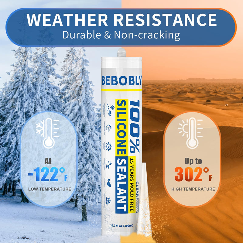 Silicone Caulk & Sealant Clear, 100% Waterproof Silicone Sealant, Shrink & Crack Proof, Silicone Sealant Caulking for Kitchen, Bathroom, RV, Interior & Exterior Use, 10.2 FL. OZ/300ML, 1 Pack