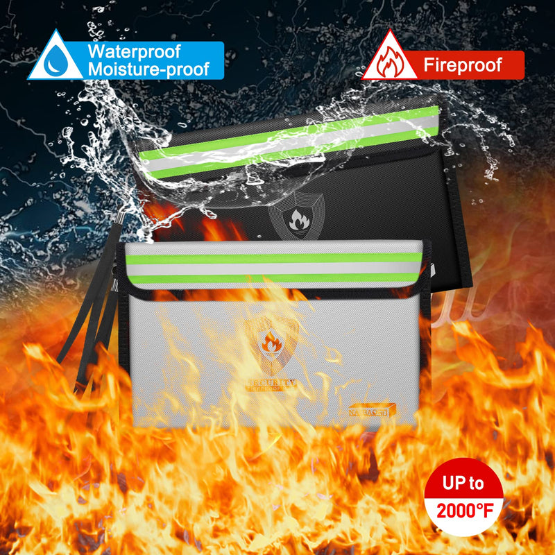 Small Fireproof Money Bag (8.6 x 6.3 inches) with Reflective Strip, featuring a metal zipper and strap. Ideal for storing cash, passports, and valuables. Available in a 2-pack. Upgraded