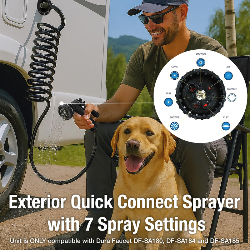 Dura Faucet DF-SA187-BK RV Exterior Quick Connect Sprayer with 7 Spray Settings and Coiled Hose Kit (Black) Black